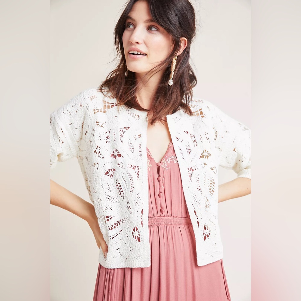 Anthropologie Open Front Crochet Lace Kimono Cropped Cardigan Jacket small